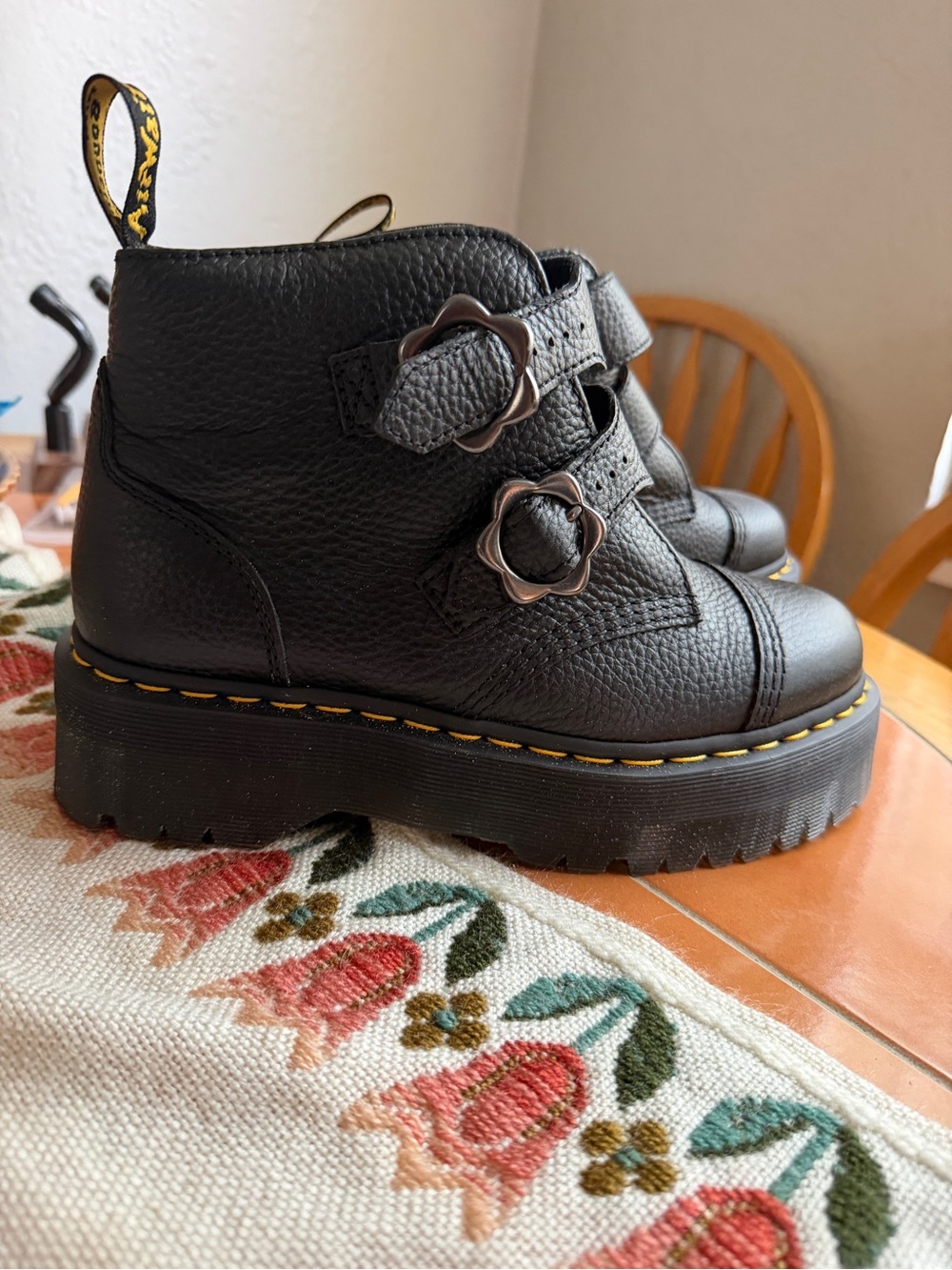 Dr. Martens Black Leather Ankle Boots with Yellow Stitching - Picture 2 of 4